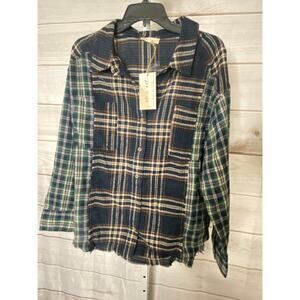 Brand New New In Women's Size Large Blue Green Plaid Button Down Shirt Top